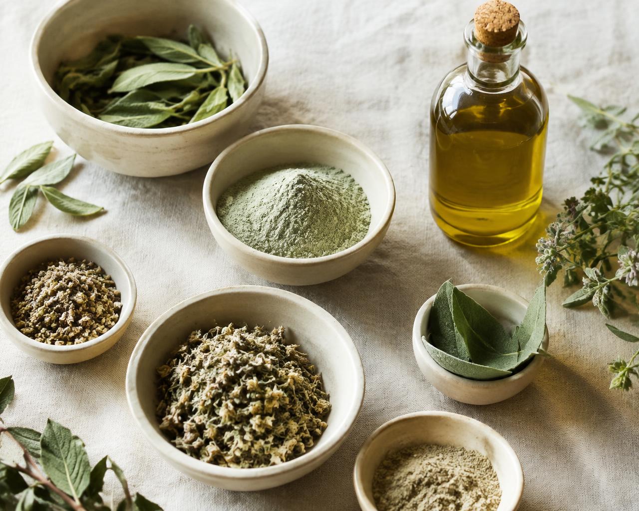 Bowls of dried herbs and botanical powders