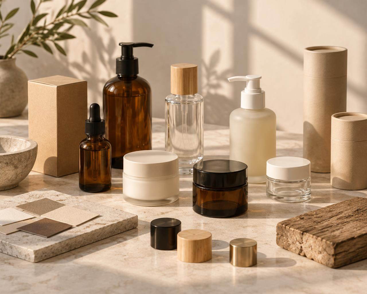 Packaging samples: amber and clear glass bottles, jars, pumps, caps, cartons and paper tubes