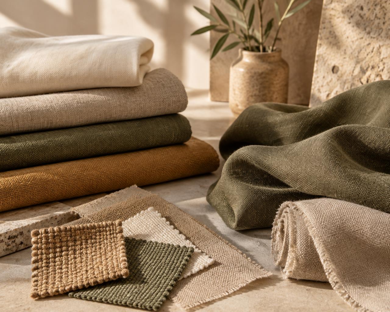 Folded cream cotton, beige linen, olive and ochre woven fabrics with textile swatches
